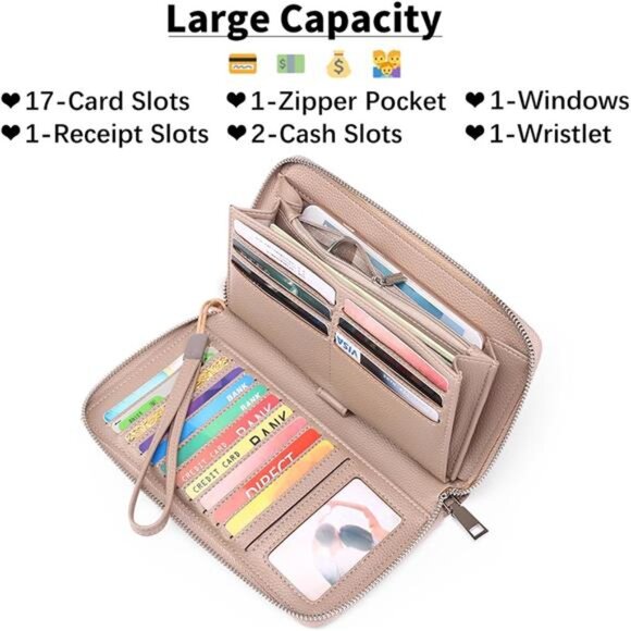 New Womens Wallet RFID Blocking Leather Zip Around Wallet Large Capacity - Picture 3 of 7